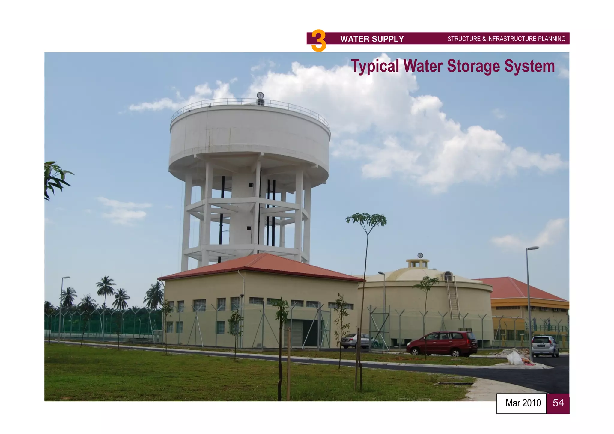 3   WATER SUPPLY   STRUCTURE & INFRASTRUCTURE PLANNING



      Typical Water Storage System




                                    Mar 2010      54
 