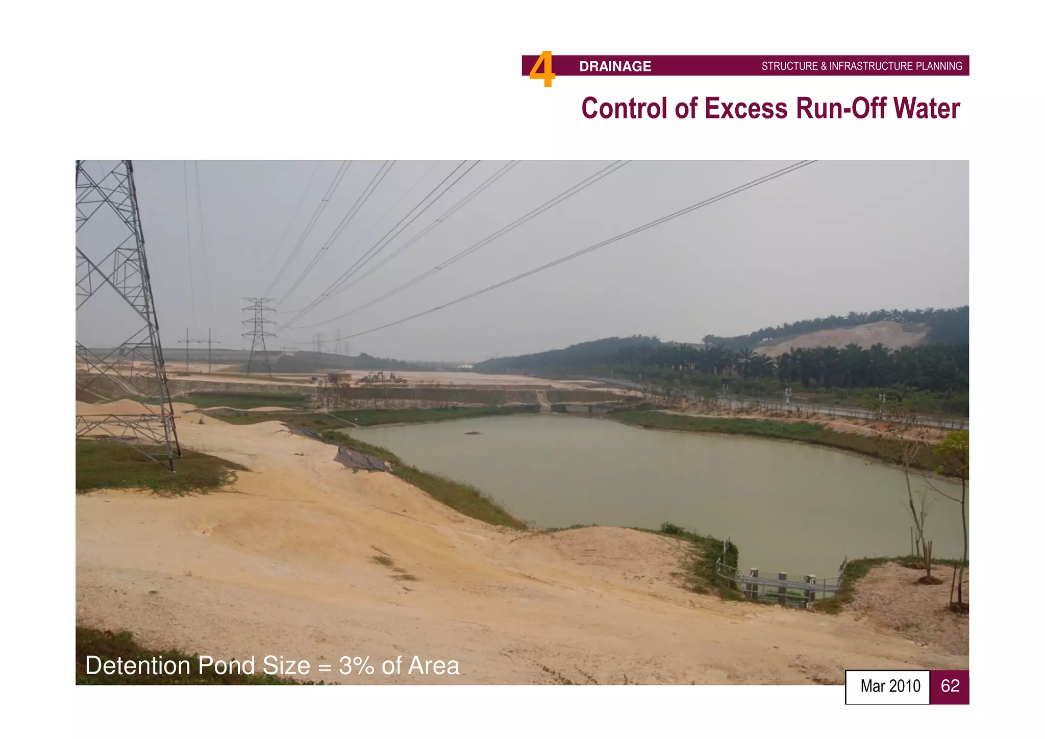 4   DRAINAGE      STRUCTURE & INFRASTRUCTURE PLANNING



                                       Control of Excess Run-Off Water




Detention Pond Size = 3% of Area
                                                                      Mar 2010      62
 
