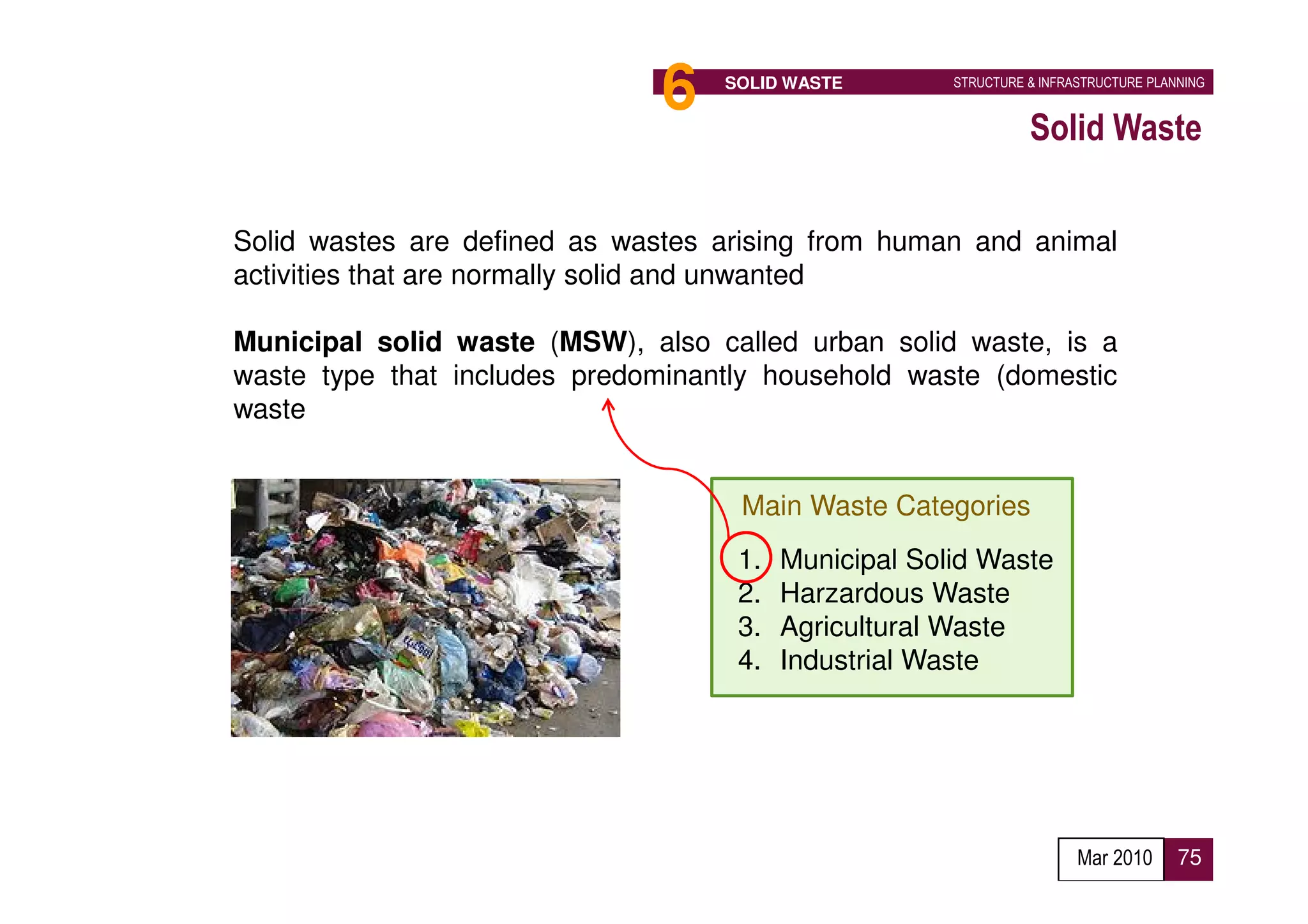 6   SOLID WASTE        STRUCTURE & INFRASTRUCTURE PLANNING


                                                                Solid Waste

Solid wastes are defined as wastes arising from human and animal
activities that are normally solid and unwanted

Municipal solid waste (MSW), also called urban solid waste, is a
waste type that includes predominantly household waste (domestic
waste


                                    Main Waste Categories
                                    1.   Municipal Solid Waste
                                    2.   Harzardous Waste
                                    3.   Agricultural Waste
                                    4.   Industrial Waste




                                                                       Mar 2010      75
 