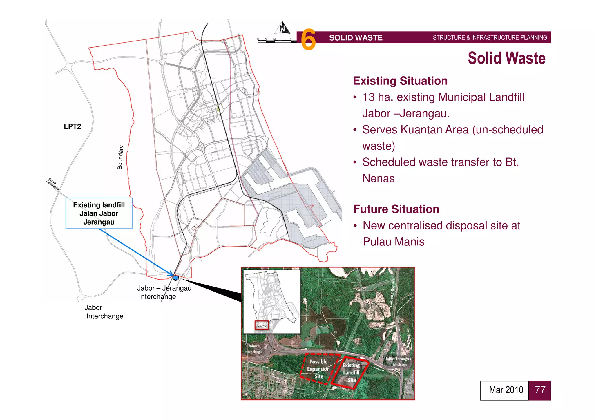6   SOLID WASTE         STRUCTURE & INFRASTRUCTURE PLANNING


                                                                           Solid Waste
                                                 Existing Situation
                                                 • 13 ha. existing Municipal Landfill
                                                   Jabor –Jerangau.
LPT2
                                                 • Serves Kuantan Area (un-scheduled
                                                   waste)
                                                 • Scheduled waste transfer to Bt.
                                                   Nenas

  Existing landfill
   Jalan Jabor                                   Future Situation
     Jerangau
                                                 • New centralised disposal site at
                                                   Pulau Manis


                      Jabor – Jerangau
                       Interchange
       Jabor
        Interchange




                                                                                  Mar 2010      77
 