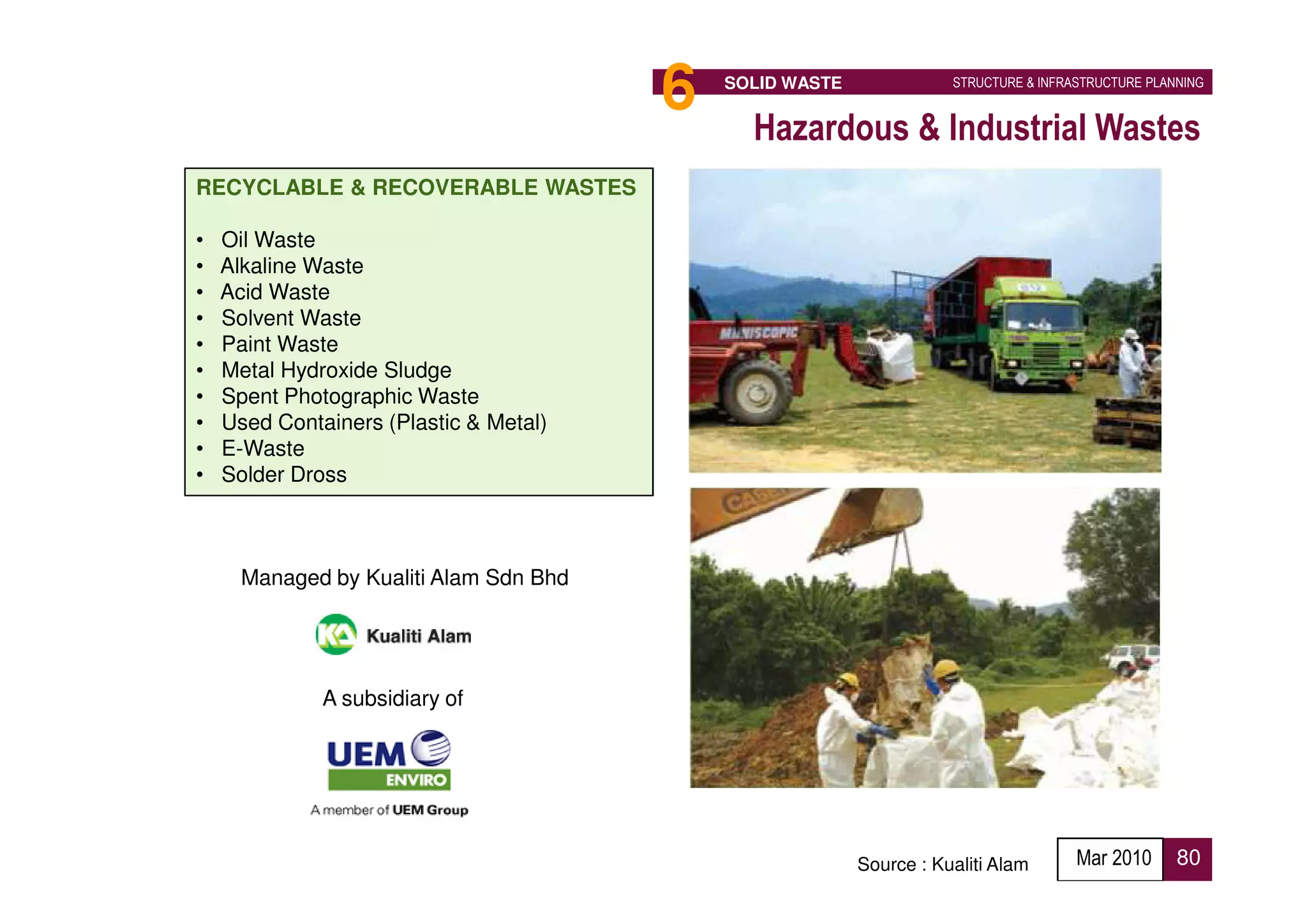 6   SOLID WASTE              STRUCTURE & INFRASTRUCTURE PLANNING


                                              Hazardous & Industrial Wastes
RECYCLABLE & RECOVERABLE WASTES

•   Oil Waste
•   Alkaline Waste
•   Acid Waste
•   Solvent Waste
•   Paint Waste
•   Metal Hydroxide Sludge
•   Spent Photographic Waste
•   Used Containers (Plastic & Metal)
•   E-Waste
•   Solder Dross



      Managed by Kualiti Alam Sdn Bhd




              A subsidiary of




                                                          Source : Kualiti Alam       Mar 2010      80
 