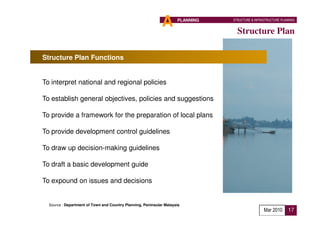 A       PLANNING   STRUCTURE & INFRASTRUCTURE PLANNING


                                                                                  Structure Plan

Structure Plan Functions


To interpret national and regional policies

To establish general objectives, policies and suggestions

To provide a framework for the preparation of local plans

To provide development control guidelines

To draw up decision-making guidelines

To draft a basic development guide

To expound on issues and decisions


  Source : Department of Town and Country Planning, Peninsular Malaysia
                                                                                                 Mar 2010      17
 