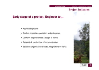 INTRODUCTION      STRUCTURE & INFRASTRUCTURE PLANNING


                                                            Project Initiation

Early stage of a project, Engineer to…



      • Appreciate project

      • Confirm project’s expectation and milestones

      • Conform responsibilities & scope of works

      • Establish & confirm line of communication

      • Establish Organisation Chart & Programme of works




                                                                                Mar 2010       8
 