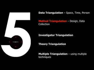 Data Triangulation – Space, Time, Person


                Method Triangulation – Design, Data
                Collection



                Investigator Triangulation

triangulation

                Theory Triangulation


                Multiple Triangulation – using multiple
                techniques
 