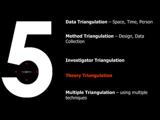 Data Triangulation – Space, Time, Person


                Method Triangulation – Design, Data
                Collection



                Investigator Triangulation

triangulation

                Theory Triangulation


                Multiple Triangulation – using multiple
                techniques
 
