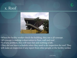 x. Roof




•When the facility worker check the building, they use a 3D concept.
•3D concept is making a observation to floor, wall and roof.
•So if any problem, they will trace fast and nothing is left.
•They did not have a schedule when they need to do inspection for roof. They
will make an inspection if any report from other people or the facility worker.


                                                      4/10/2013
 