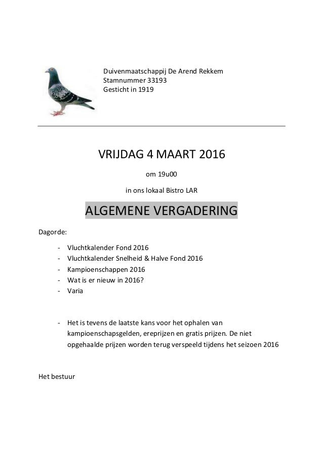Uitnodiging algemene vergadering 2016 03 04