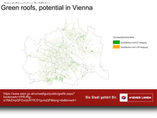 Green roofs, potential in Vienna
https://www.wien.gv.at/umweltgut/public/grafik.aspx?
bookmark=YPRJRg-
a1NkZmpQFGviqURTlC5YgvzqQP&lang=de&bmadr=
 