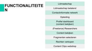Lidmaatschap
Lidmaatschap betalend
Contactinformatie netwerk
Opleiding
Profiel dashboard
(content bekijken)
(Freelance) Researchers
Content bekijken
Fragmenten selecteren
Rechten verkopen
Content Clips webshop
FUNCTIONALITEITE
N
 