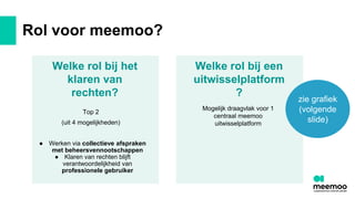 Rol voor meemoo?
Welke rol bij het
klaren van
rechten?
Top 2
(uit 4 mogelijkheden)
● Werken via collectieve afspraken
met beheersvennootschappen
● Klaren van rechten blijft
verantwoordelijkheid van
professionele gebruiker
Welke rol bij een
uitwisselplatform
?
zie grafiek
(volgende
slide)
Mogelijk draagvlak voor 1
centraal meemoo
uitwisselplatform
 
