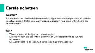 Eerste schetsen
Waarom?
Concept van het uitwisselplatform helder krijgen voor contentpartners en partners
in het algemeen. Het is een ‘conversation starter’, nog geen ontwikkeling ter
implementatie.
Wat?
• Wireframes (met design van hetarchief.be)
• Met elementen die essentieel zijn om een uitwisselplatform te kunnen
uitbouwen
• Dit werkt voort op de 'eenduidige/eenvoudige' transactieflow
 
