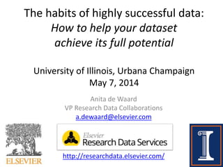 The habits of highly successful data:
How to help your dataset
achieve its full potential
University of Illinois, Urbana Champaign
May 7, 2014
Anita de Waard
VP Research Data Collaborations
a.dewaard@elsevier.com
http://researchdata.elsevier.com/
 