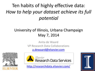 Ten habits of highly effective data:
How to help your dataset achieve its full
potential
University of Illinois, Urbana Champaign
May 7, 2014
Anita de Waard
VP Research Data Collaborations
a.dewaard@elsevier.com
http://researchdata.elsevier.com/
 