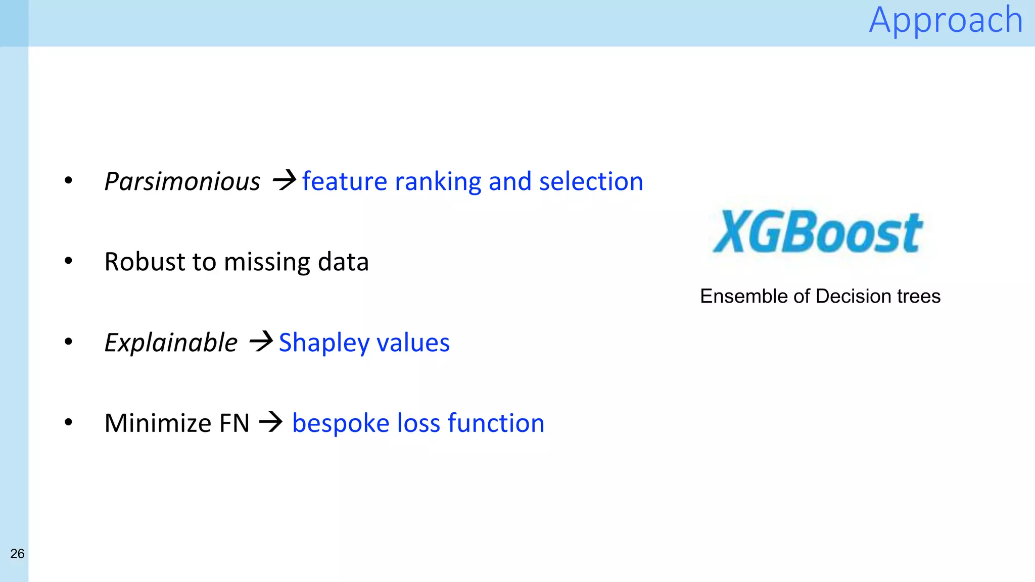 26
Approach
• Parsimonious  feature ranking and selection
• Robust to missing data
• Explainable  Shapley values
• Minimize FN  bespoke loss function
Ensemble of Decision trees
 