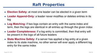 August 29, 2016 The Raft Consensus Algorithm Slide 28
Raft Properties
● Election Safety: at most one leader can be elected in a given term
● Leader Append-Only: a leader never modifies or deletes entries in its
log
● Log Matching: if two logs contain an entry with the same index and
term, then the logs are identical in all entries up through the given index
● Leader Completeness: if a log entry is committed, then that entry will
be present in the logs of all future leaders
● State Machine Safety: if a server has applied a log entry at a given
index to its state machine, no other server will ever apply a different log
entry for the same index
 