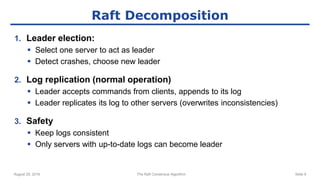 August 29, 2016 The Raft Consensus Algorithm Slide 9
Raft Decomposition
1. Leader election:
 Select one server to act as leader
 Detect crashes, choose new leader
2. Log replication (normal operation)
 Leader accepts commands from clients, appends to its log
 Leader replicates its log to other servers (overwrites inconsistencies)
3. Safety
 Keep logs consistent
 Only servers with up-to-date logs can become leader
 