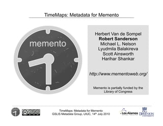 TimeMaps: Metadata for Memento


                                  Herbert Van de Sompel
                                   Robert Sanderson
                                    Michael L. Nelson
                                   Lyudmila Balakireva
                                     Scott Ainsworth
                                     Harihar Shankar


                              http://www.mementoweb.org/


                                 Memento is partially funded by the
                                      Library of Congress




       TimeMaps: Metadata for Memento
   GSLIS Metadata Group, UIUC, 14th July 2010
 