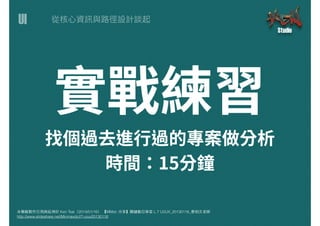 UI
本簡報製作引⽤用與延伸於 Ken Tsai（2014/01/16） 【MMdc 分享】關鍵數位學堂 L.7 UI/UX_20130116_蔡柏⽂文⽼老師
http://www.slideshare.net/Minmaxdc/l7-uiux20130116
 
