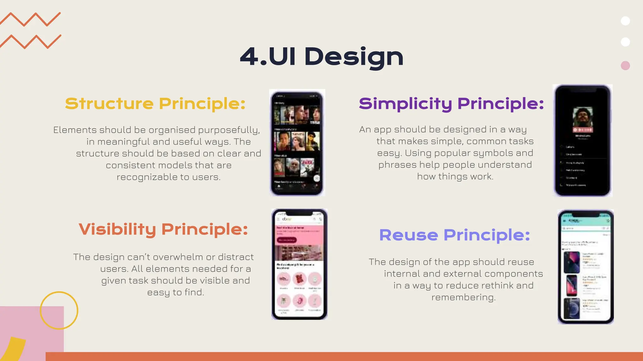 4.UI Design
Structure Principle:
Elements should be organised purposefully,
in meaningful and useful ways. The
structure should be based on clear and
consistent models that are
recognizable to users.
Simplicity Principle:
Visibility Principle: Reuse Principle:
An app should be designed in a way
that makes simple, common tasks
easy. Using popular symbols and
phrases help people understand
how things work.
The design can’t overwhelm or distract
users. All elements needed for a
given task should be visible and
easy to find.
The design of the app should reuse
internal and external components
in a way to reduce rethink and
remembering.
 