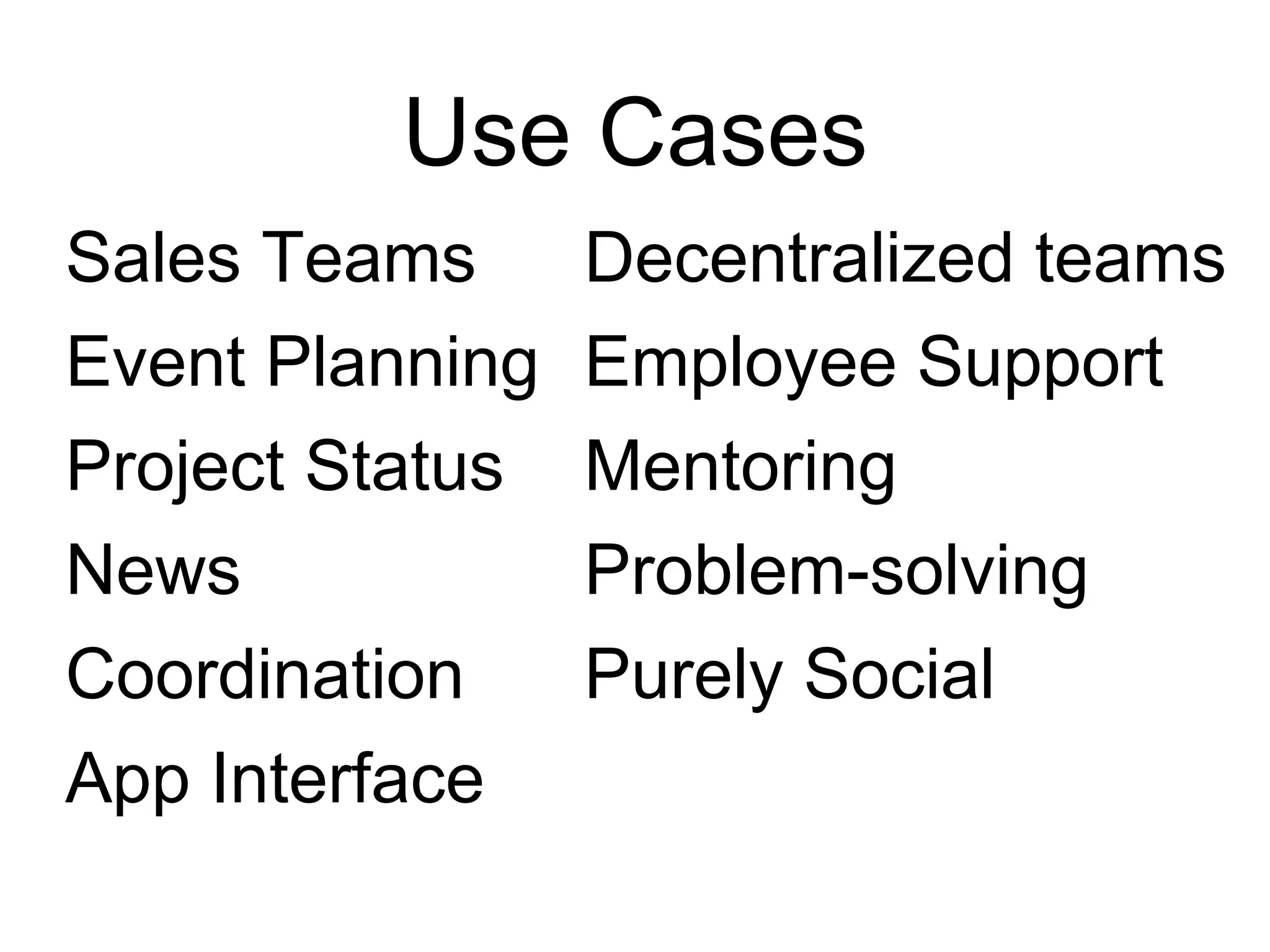 Use Cases Sales Teams Event Planning Project Status News Coordination App Interface Decentralized teams Employee Support Mentoring Problem-solving Purely Social 
