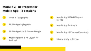 Module 2 - UI Process for
Mobile App | 8 Sessions
1 Color & Typography
2 Mobile App Style guide
3 Mobile App Icon & Banner Design
5 Mobile App MF & HF Layout
for iOS
4 Mobile App MF & HF Layout for
Android
6 Mobile App Prototype
7 Mobile App UI Process Case study
8 UI case study reflection
 