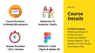 Course
Details
Portfolio Projects:
Mobile App Design for
Android & iOS &
Responsive Website
Design (Desktop, Tab &
Mobile) and Team Project
from Expert (TPE)
Course Duration:
14 Weeks(38 sessions)
Maximum 10
Students / Batch
Session Duration
: 2hrs / Session
Software / Tools
: Figma & Adobe XD
 