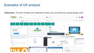 Examples of UX analysis
Outcomes - A bunch of ideas and material on which you can build your actual design work
 