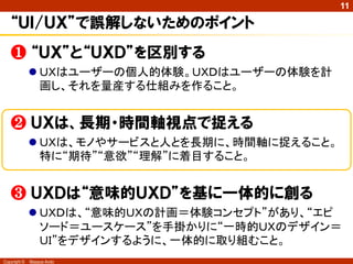 11

   インダストリアル・デザインとしてのＵＸＤ


        UX                   “体験”そのものは
                            ユーザーの個人的なもの



 UXD                        どんな“体験”をしてもらうか
                                計画すること

 UXD
                            体験が量産・再生産される
                              仕組みを作ること
Copyright ©   Masaya Ando
 