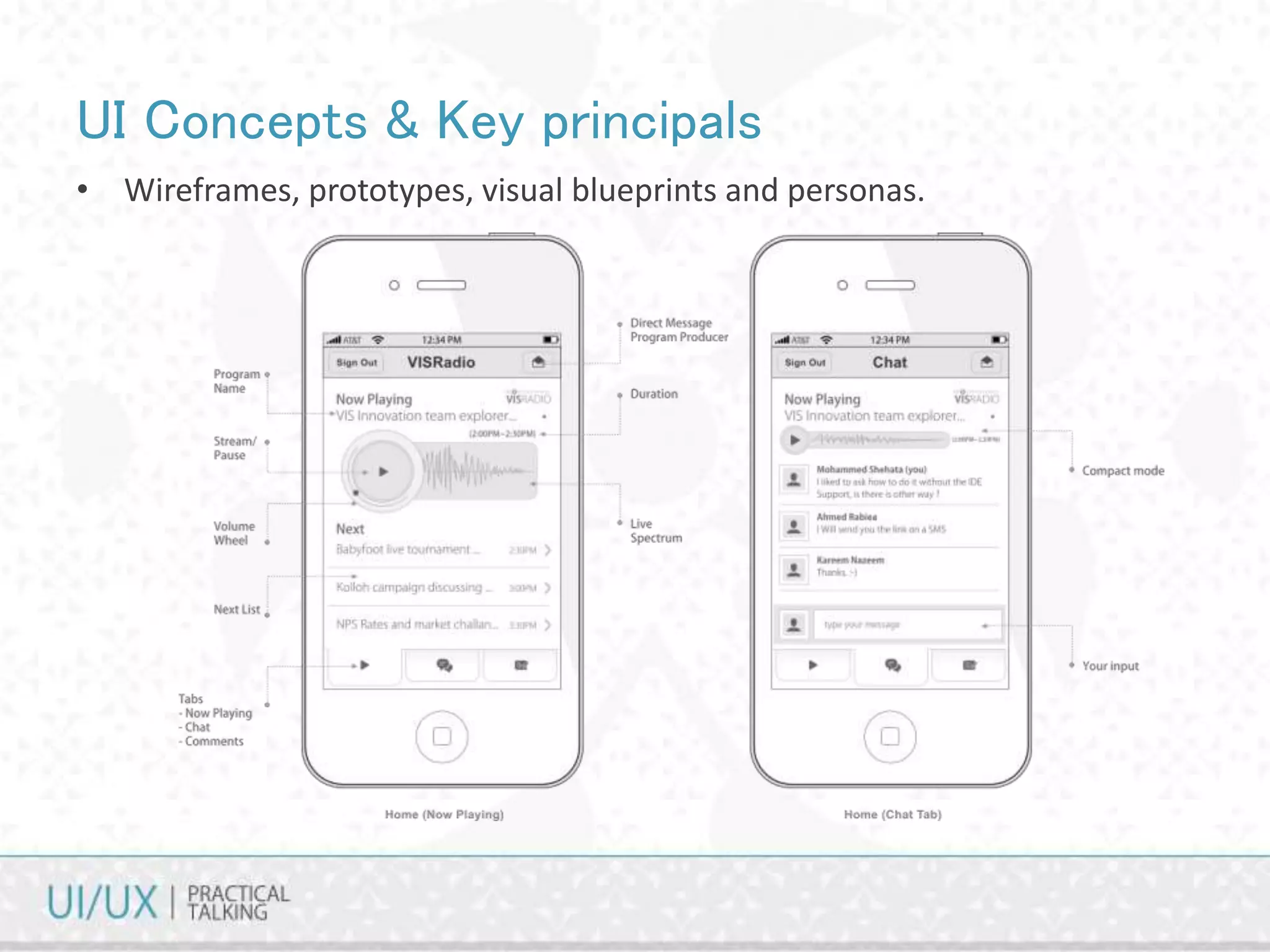 UI Concepts & Key principals
• Wireframes, prototypes, visual blueprints and personas.
 