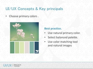 UI/UX Concepts & Key principals
• Choose primary colors .
Best practice.
• Use natural primary color.
• Select balanced palette.
• Use color matching tool
and natural images
 