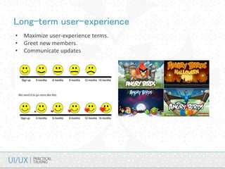 Long-term user-experience
• Maximize user-experience terms.
• Greet new members.
• Communicate updates
 