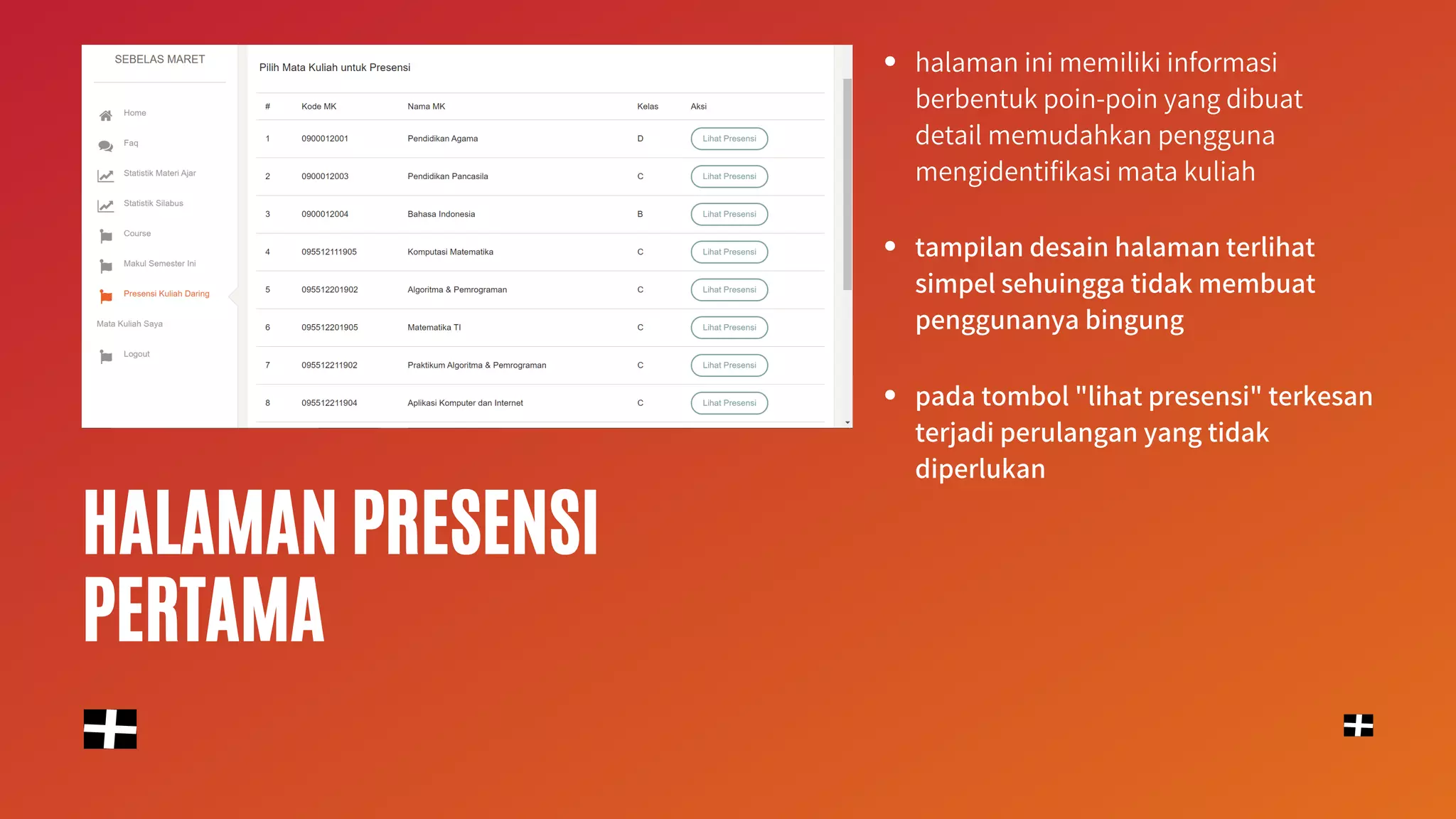 HALAMAN PRESENSI
PERTAMA
halaman ini memiliki informasi
berbentuk poin-poin yang dibuat
detail memudahkan pengguna
mengidentifikasi mata kuliah
tampilan desain halaman terlihat
simpel sehuingga tidak membuat
penggunanya bingung
pada tombol "lihat presensi" terkesan
terjadi perulangan yang tidak
diperlukan
 