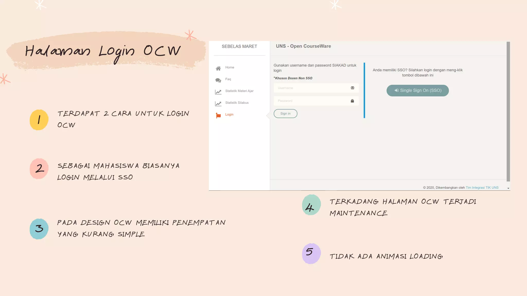 Halaman Login OCW
TERDAPAT 2 CARA UNTUK LOGIN
OCW
SEBAGAI MAHASISWA BIASANYA
LOGIN MELALUI SSO
PADA DESIGN OCW MEMILIKI PENEMPATAN
YANG KURANG SIMPLE
TERKADANG HALAMAN OCW TERJADI
MAINTENANCE
TIDAK ADA ANIMASI LOADING
1
2
3
4
5
 