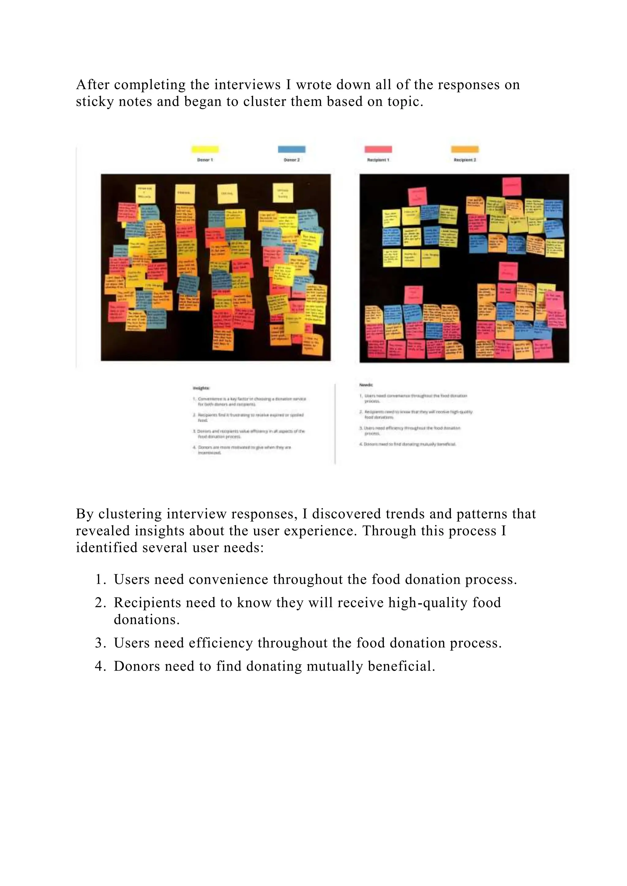 After completing the interviews I wrote down all of the responses on
sticky notes and began to cluster them based on topic.
By clustering interview responses, I discovered trends and patterns that
revealed insights about the user experience. Through this process I
identified several user needs:
1. Users need convenience throughout the food donation process.
2. Recipients need to know they will receive high-quality food
donations.
3. Users need efficiency throughout the food donation process.
4. Donors need to find donating mutually beneficial.
 