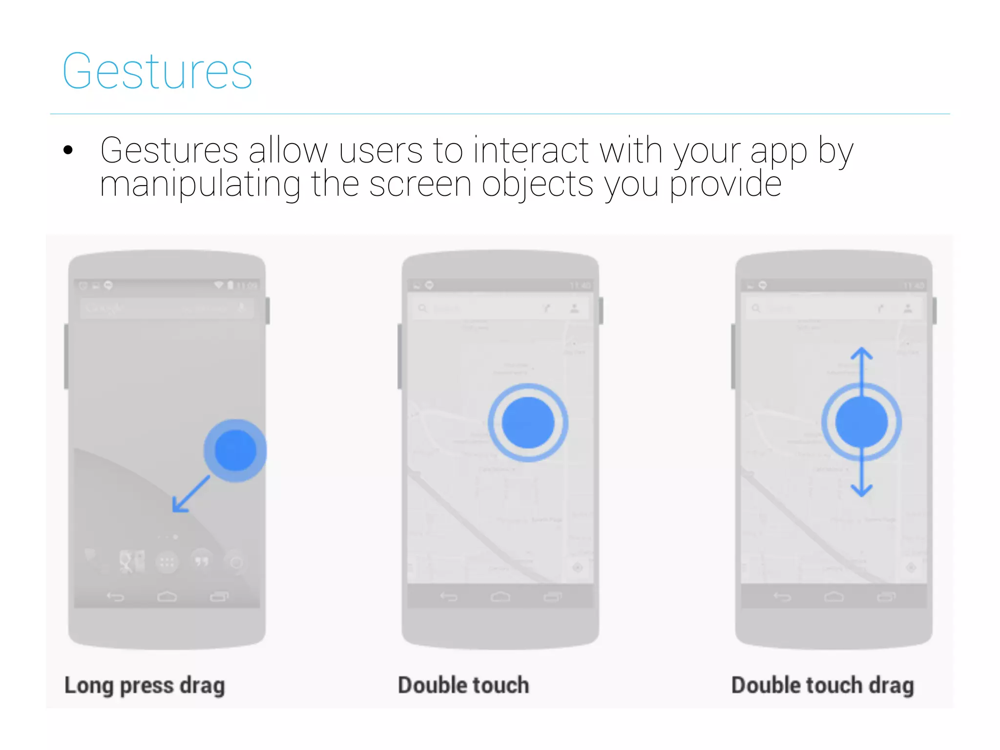 Gestures
•  Gestures allow users to interact with your app by
manipulating the screen objects you provide
 