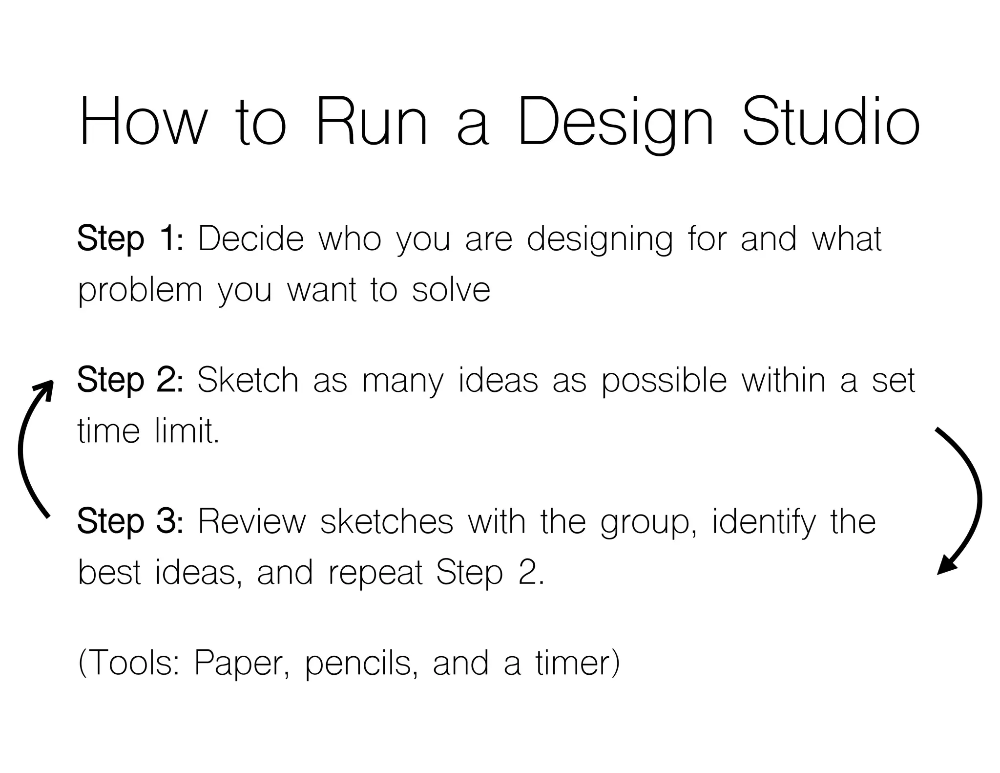 How to Run a Design Studio
Step 1: Decide who you are designing for and what
problem you want to solve
Step 2: Sketch as many ideas as possible within a set
time limit.
Step 3: Review sketches with the group, identify the
best ideas, and repeat Step 2.
(Tools: Paper, pencils, and a timer)
 
