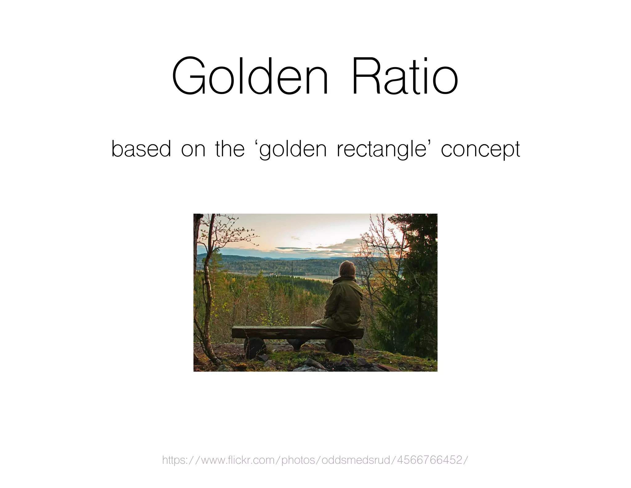 Golden Ratio
based on the ‘golden rectangle’ concept
https://www.flickr.com/photos/oddsmedsrud/4566766452/
 