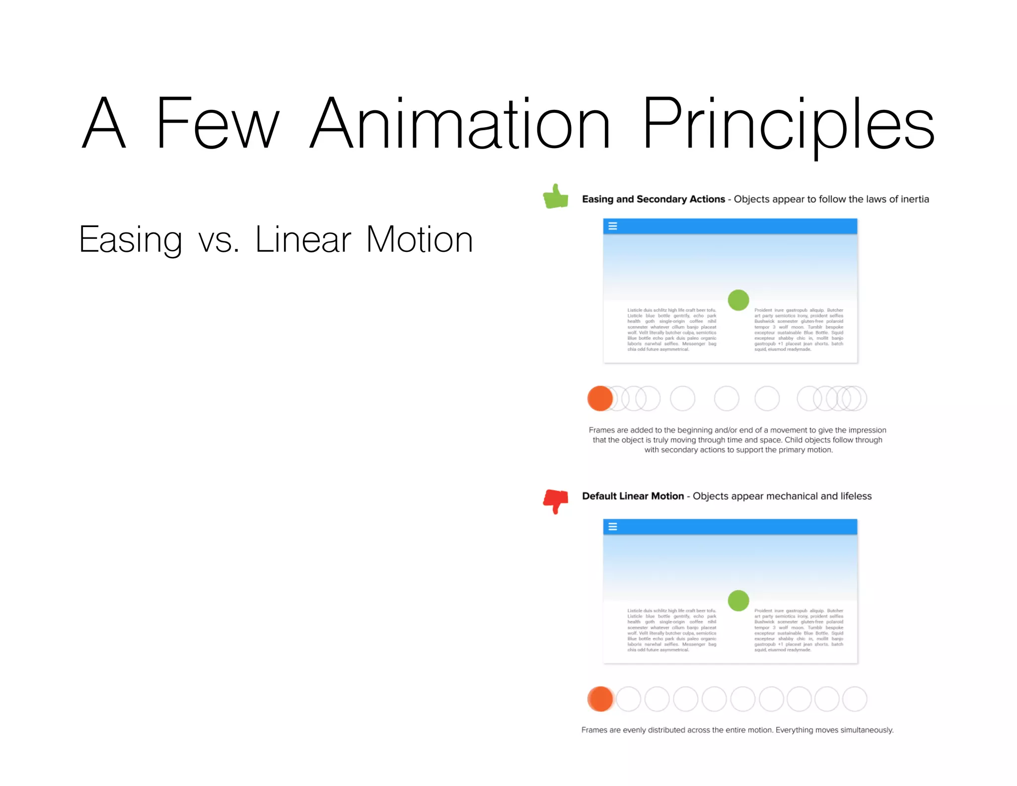 A Few Animation Principles
Easing vs. Linear Motion
Squash and Stretch
Exaggeration
 