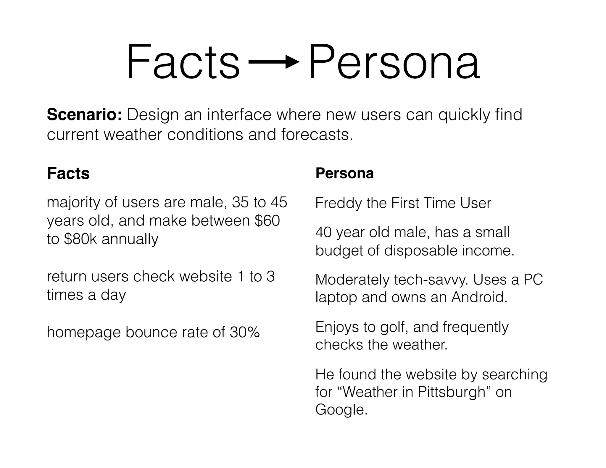 Facts
majority of users are male, 35 to 45
years old, and make between $60
to $80k annually
return users check website 1 to 3
times a day
homepage bounce rate of 30%
Facts Persona
Persona
Freddy the First Time User
40 year old male, has a small
budget of disposable income.
Moderately tech-savvy. Uses a PC
laptop and owns an Android.
Enjoys to golf, and frequently
checks the weather.
He found the website by searching
for “Weather in Pittsburgh” on
Google.
Scenario: Design an interface where new users can quickly ﬁnd
current weather conditions and forecasts.
 