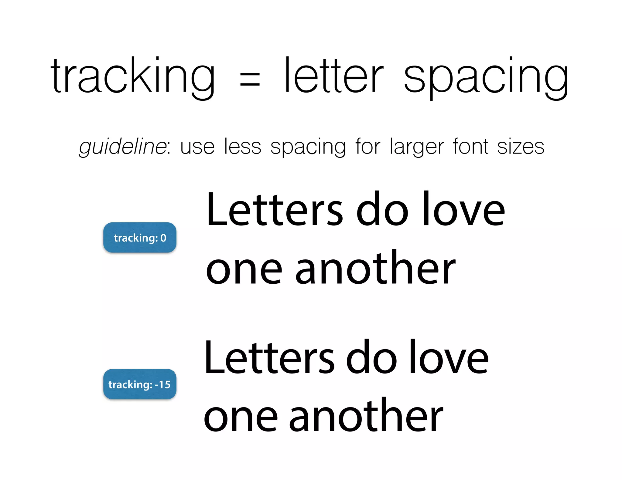 tracking = letter spacing
tracking: -15
tracking: 0
guideline: use less spacing for larger font sizes
Letters do love
one another
Letters do love
one another
 