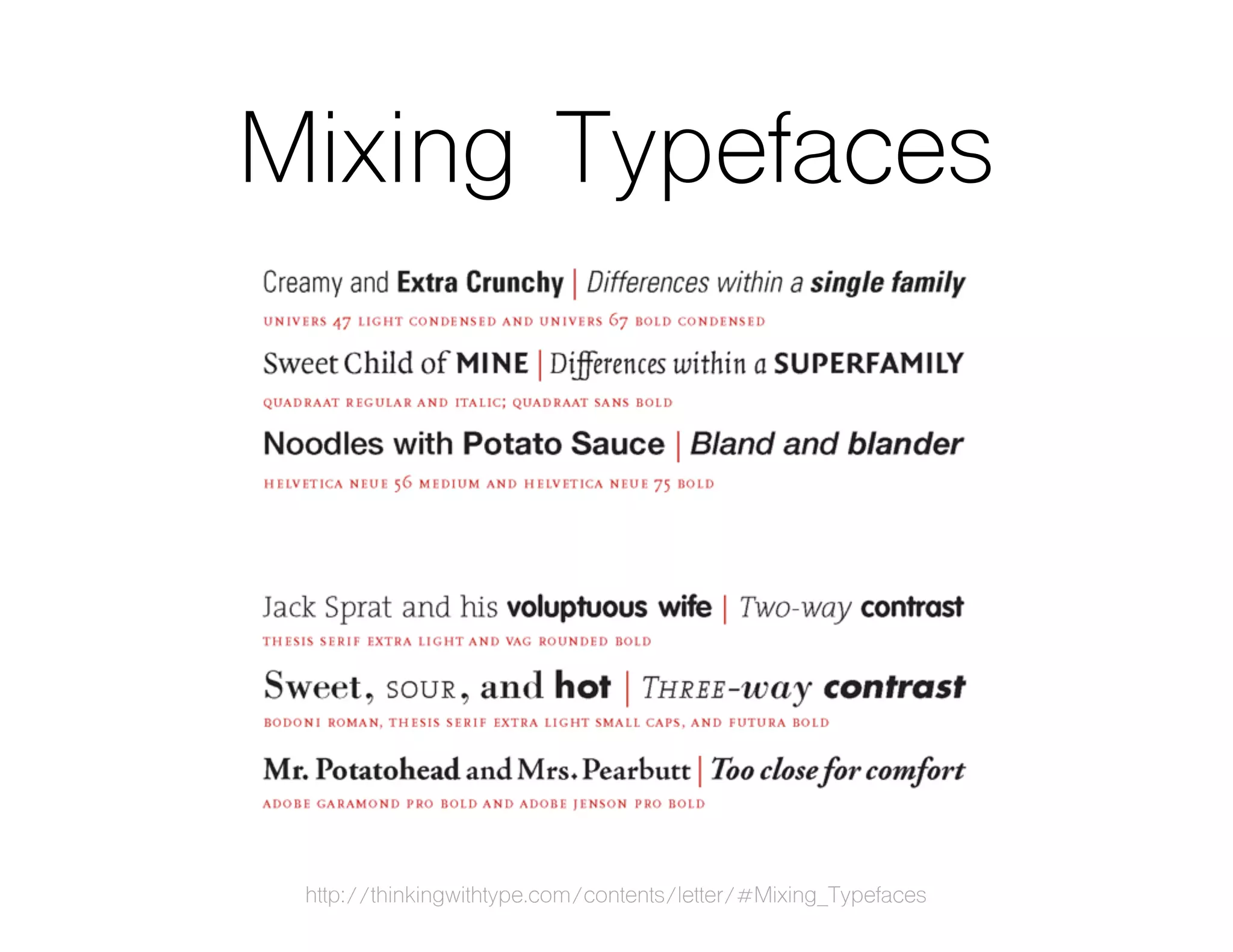 Mixing Typefaces
http://thinkingwithtype.com/contents/letter/#Mixing_Typefaces
 