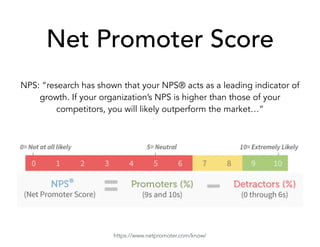 Net Promoter Score
NPS: “research has shown that your NPS® acts as a leading indicator of
growth. If your organization’s NPS is higher than those of your
competitors, you will likely outperform the market…”
https://www.netpromoter.com/know/
 