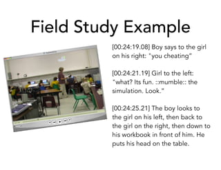 Field Study Example
[00:24:19.08] Boy says to the girl
on his right: "you cheating”
[00:24:21.19] Girl to the left:
"what? Its fun. ::mumble:: the
simulation. Look.”
[00:24:25.21] The boy looks to
the girl on his left, then back to
the girl on the right, then down to
his workbook in front of him. He
puts his head on the table.
 