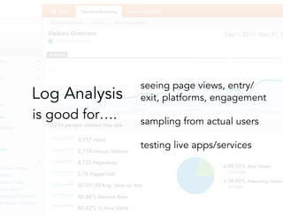 is good for….
seeing page views, entry/
exit, platforms, engagement
sampling from actual users
testing live apps/services
Log Analysis
 