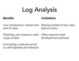 Log Analysis
Beneﬁts
Low maintenance: release and
wait for data
Flexibility, can measure a wide
range of data
Live testing, measures actual
vs. self-reported user behavior
Limitations
Missing context of why users
take an action
Often requires initial
development overhead
 