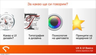 UX & UI Basics
www.isavkov.net
За какво ще си говорим?
Какво е UI
дизайн?
Типография
в дизайна
Психология
на цветовете
При...