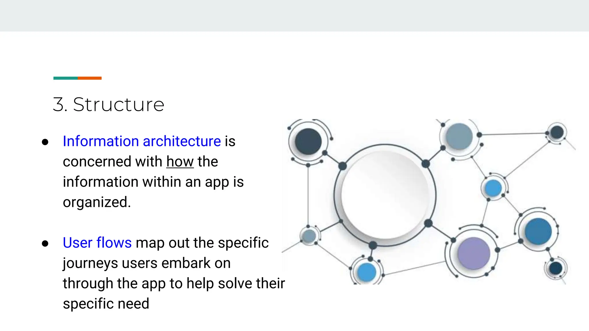 3. Structure
● Information architecture is
concerned with how the
information within an app is
organized.
● User flows map out the specific
journeys users embark on
through the app to help solve their
specific need
 
