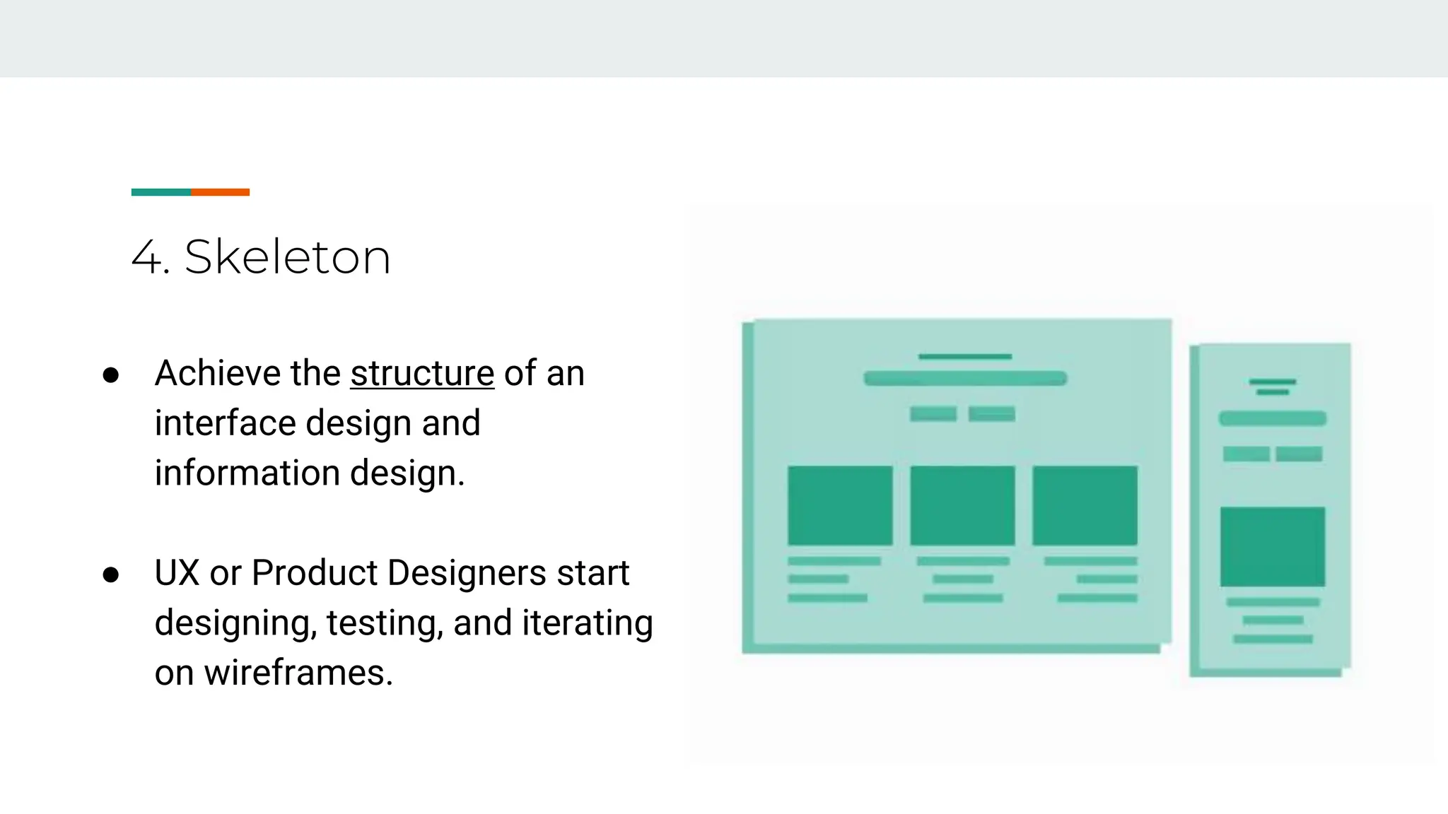 4. Skeleton
● Achieve the structure of an
interface design and
information design.
● UX or Product Designers start
designing, testing, and iterating
on wireframes.
 