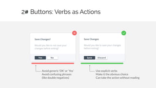 Buttons: Verbs as Actions
5 / 30
Avoid generic ‘OK’ or ‘Yes’
Avoid confusing phrases
(like double negatives)
Use explicit ...