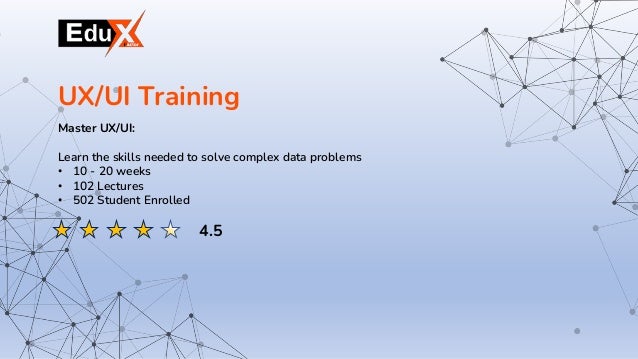 Master UX/UI:
Learn the skills needed to solve complex data problems
• 10 - 20 weeks
• 102 Lectures
• 502 Student Enrolled
UX/UI Training
4.5
 